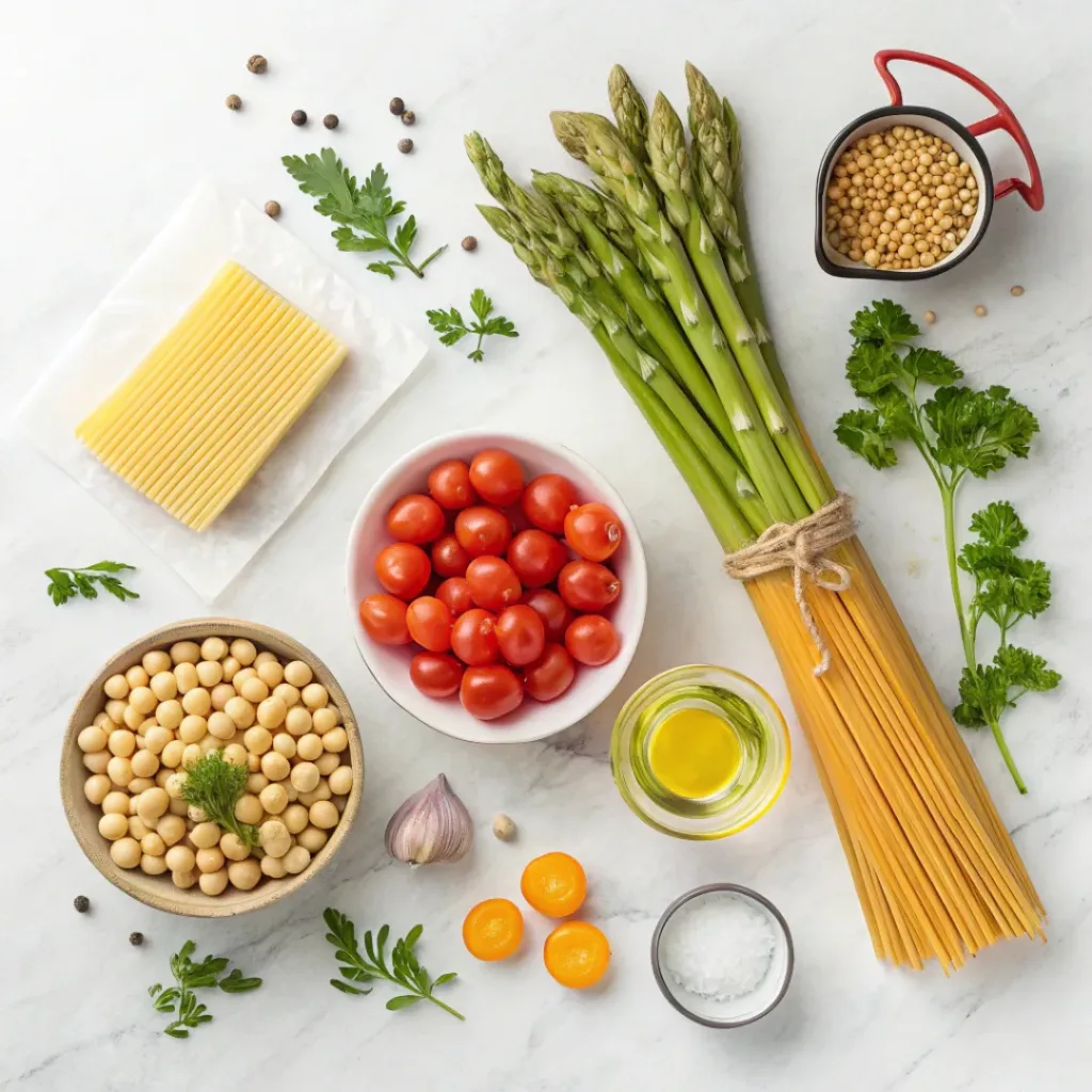 Flat lay of chickpea pasta, spring vegetables, olive oil, and herbs ready for cooking.