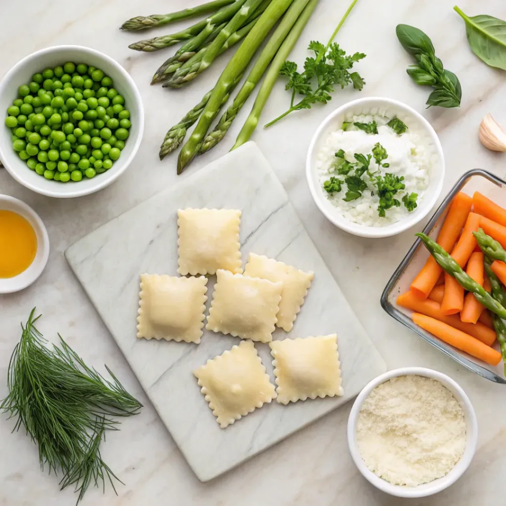 Flat lay of fresh pasta, colorful vegetables, herbs, and ingredients for creamy dressing.