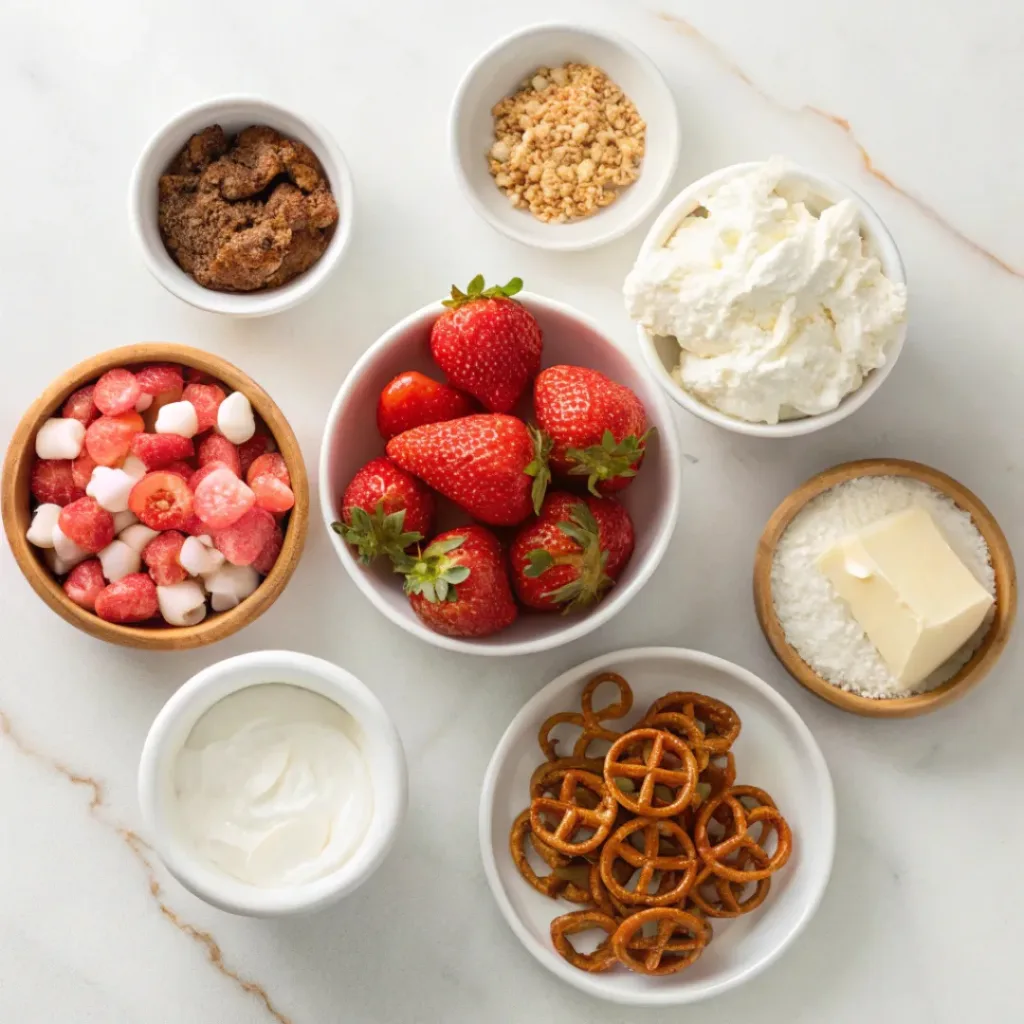 Flat lay of cream cheese, sugar, whipped topping, pretzels, pecans, brown sugar, butter, and strawberries.