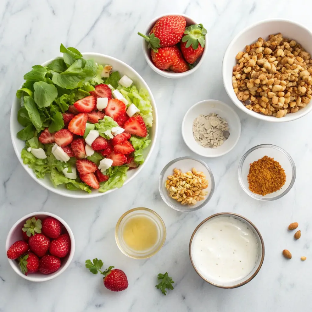 Flat lay of fresh strawberries, mixed greens, nuts, cheese, croutons, and dressing for salad.