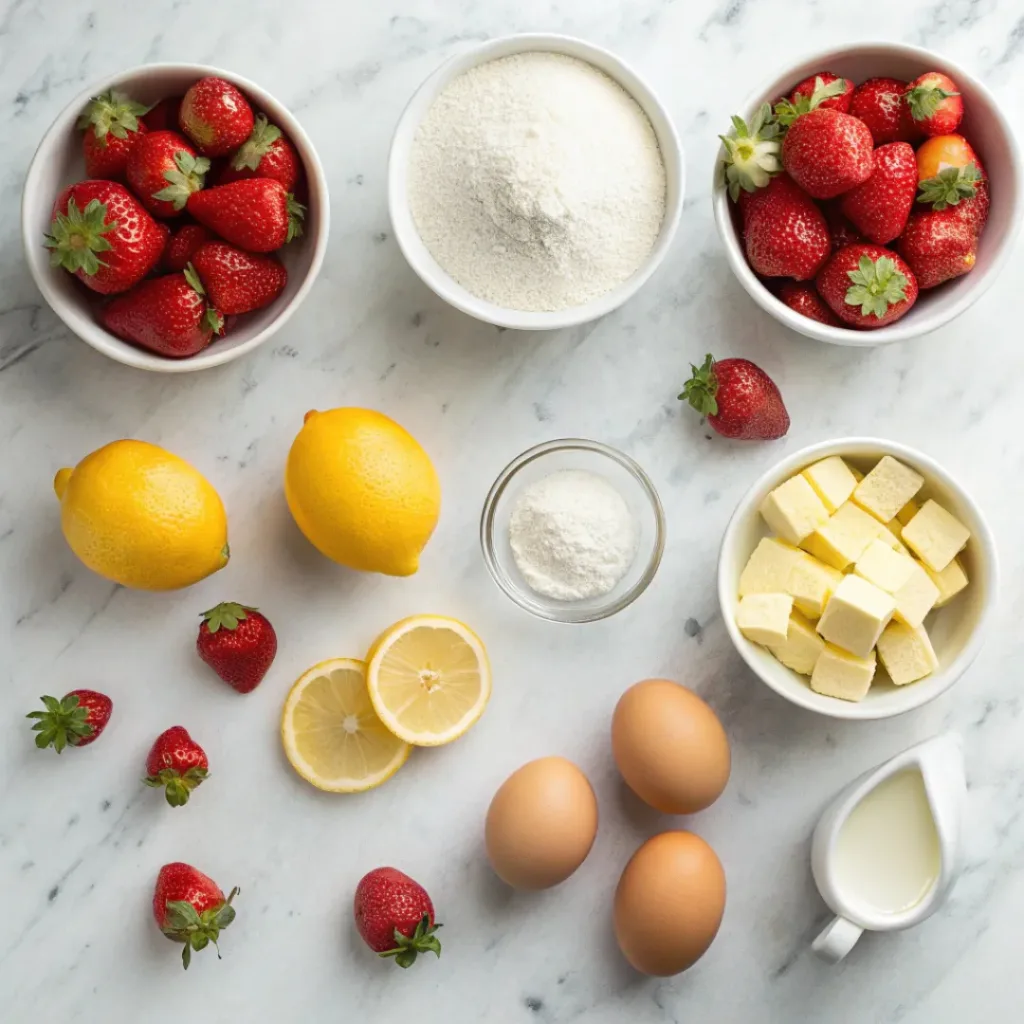 Strawberry Lemonade Bars – Sweet & Tangy Summer Dessert 6 Flat lay of strawberries, lemons, flour, sugar, butter, and eggs.