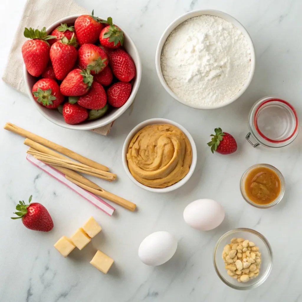 Flat lay of peanut butter, strawberries, flour, butter, sugar, and eggs for bars.