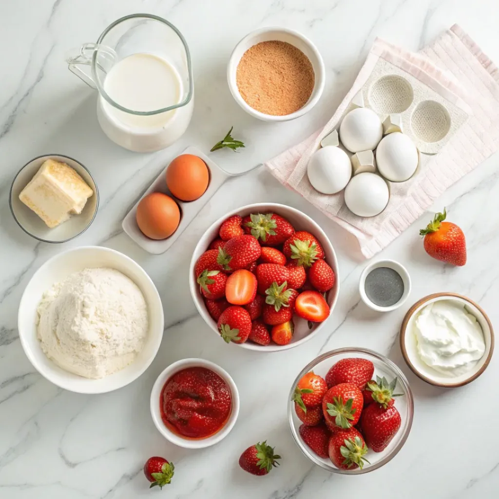 Flat lay of cake mix, strawberries, whipped cream, sugar, and eggs ready for strawberry poke cake.