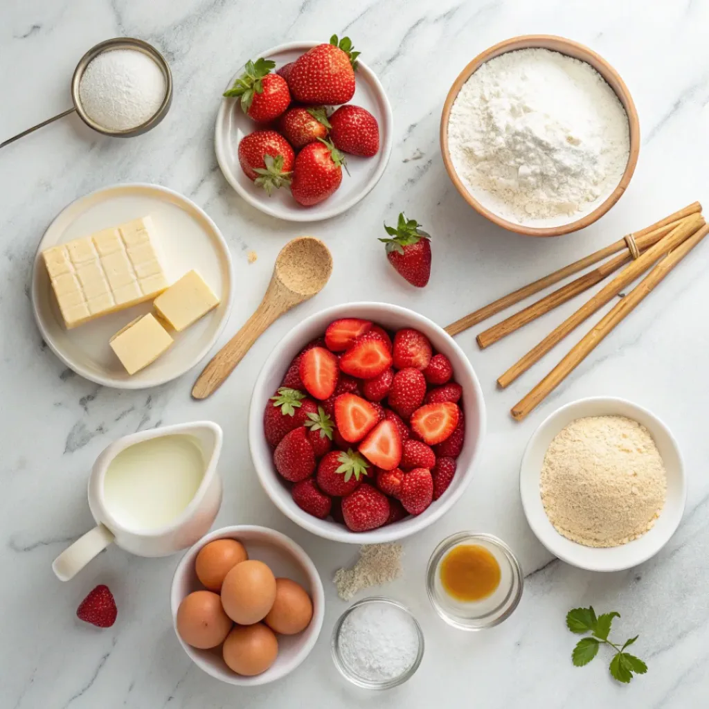 Flat lay of strawberries, flour, butter, sugar, eggs, and milk for strawberry pound cake.