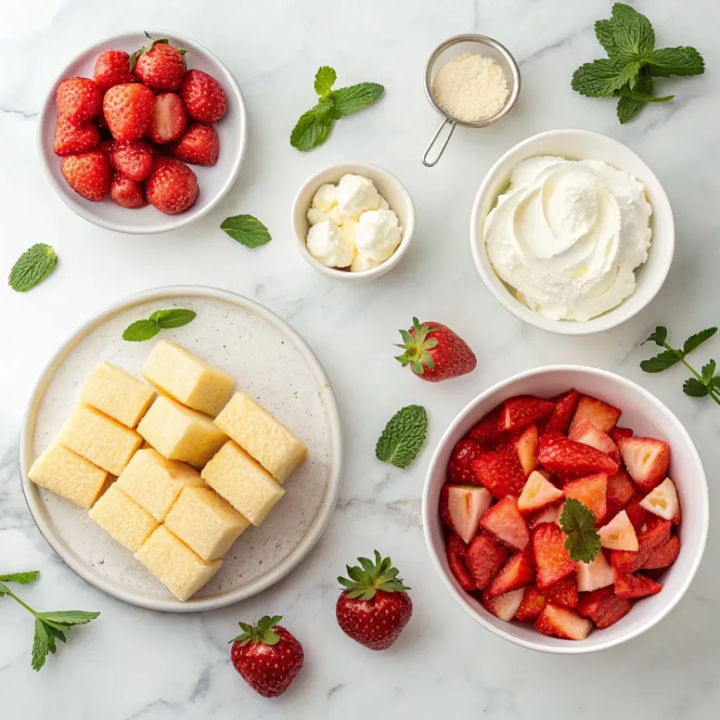Strawberry Shortcake Trifle – Layered Summer Dessert 6 Strawberries, sponge cake cubes, whipped cream, and mint leaves