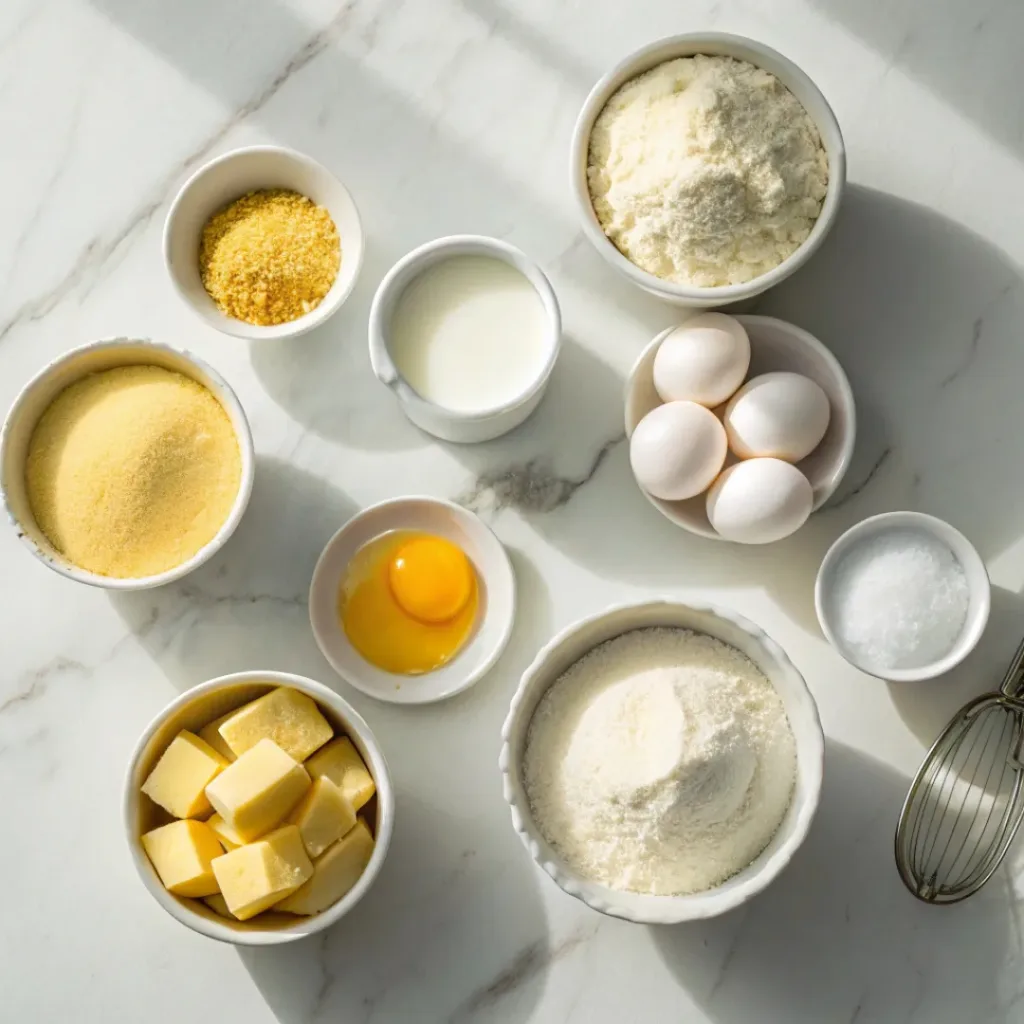 Sweet Southern Cornbread Muffins – Soft, Golden & Slightly Sweet 6 Flat lay of cornmeal, flour, eggs, milk, butter, and sugar.