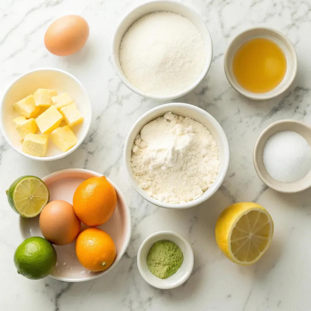 Flour, butter, sugar, eggs, and citrus zest for cookies