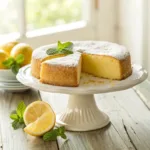 Moist lemon ricotta cake dusted with powdered sugar and garnished with lemon slices.
