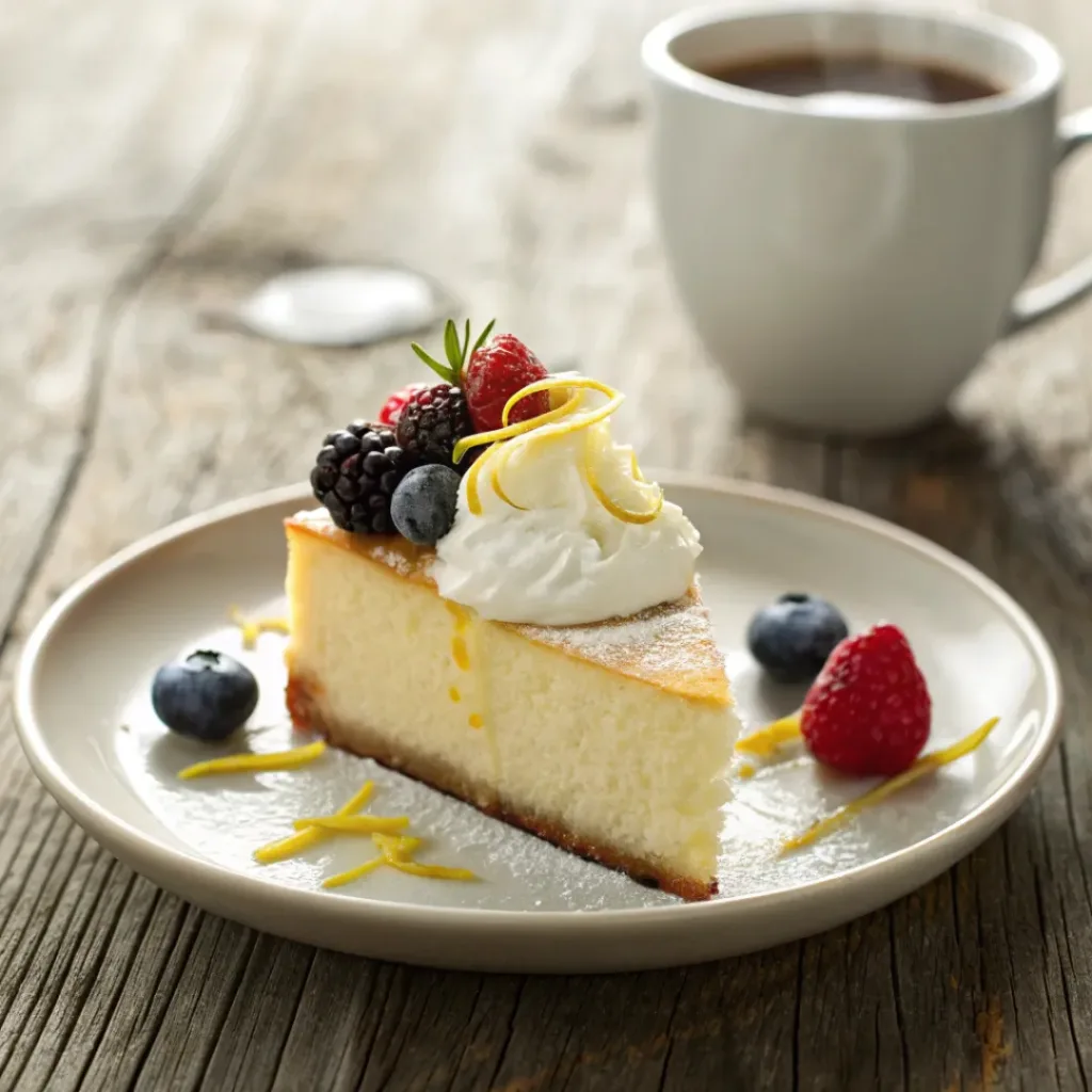 Slice of lemon ricotta cake served with berries and whipped cream.