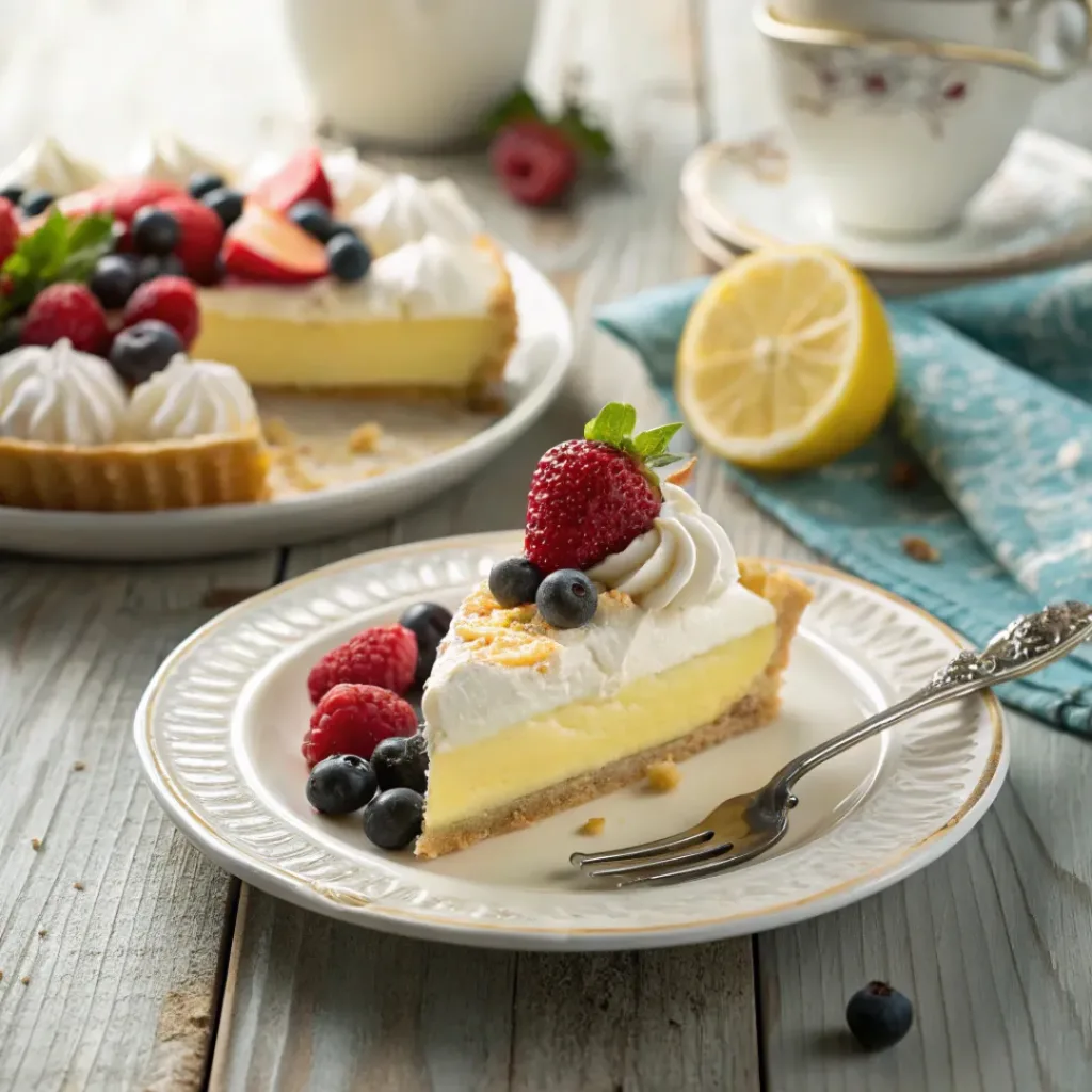 Slice of lemon supreme pie served with berries and whipped cream.