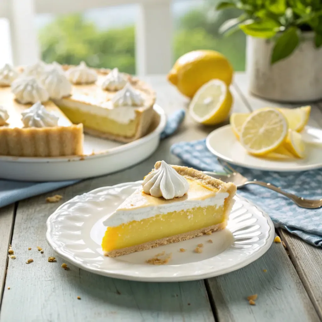 Lemonade Pie – Refreshing Citrus Dessert 8 Slice of lemonade pie with whipped cream and lemon garnish