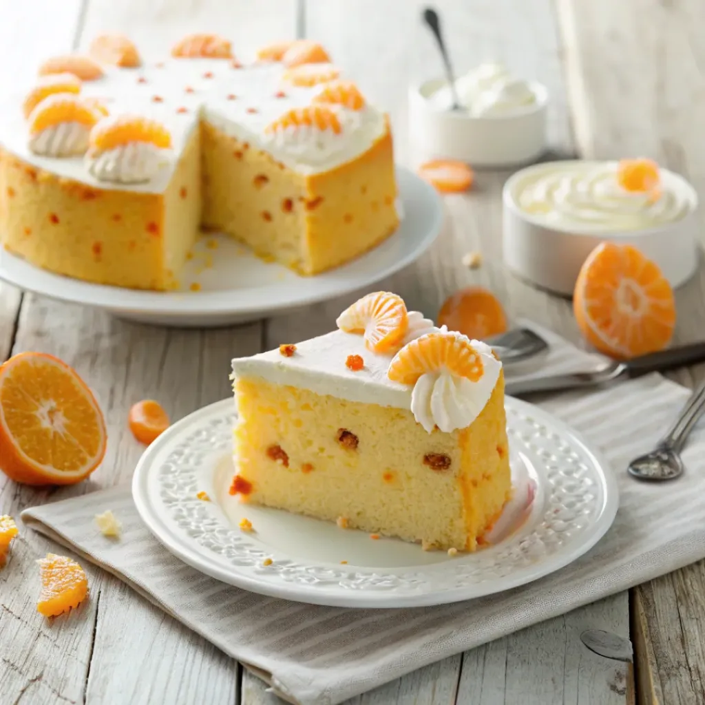 Moist mandarin orange poke cake topped with whipped cream and mandarin slices.