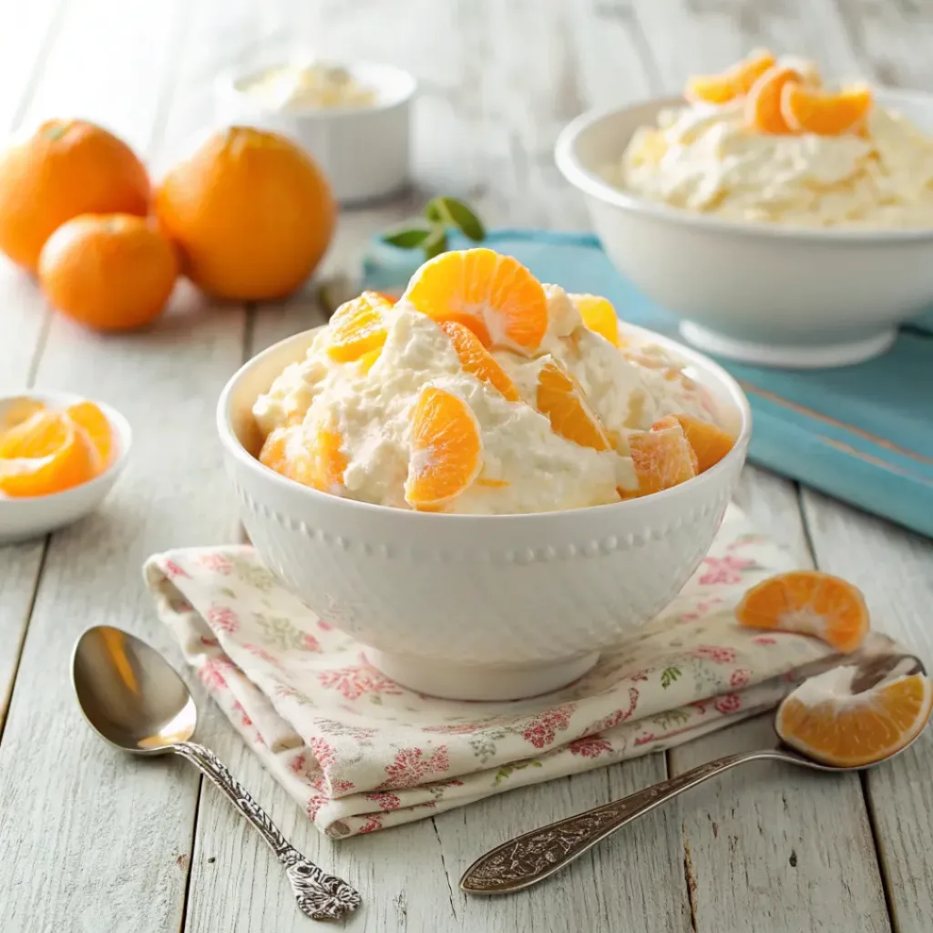 Creamy mandarin orange fluff salad with whipped topping and mandarin segments in a bowl.
