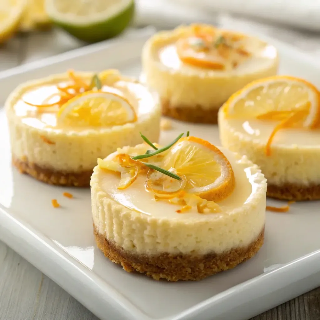 Mini citrus cheesecakes displayed with fresh citrus slices