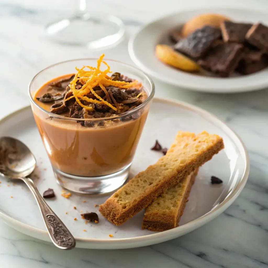 Orange chocolate posset in a glass cup paired with biscotti on the side.