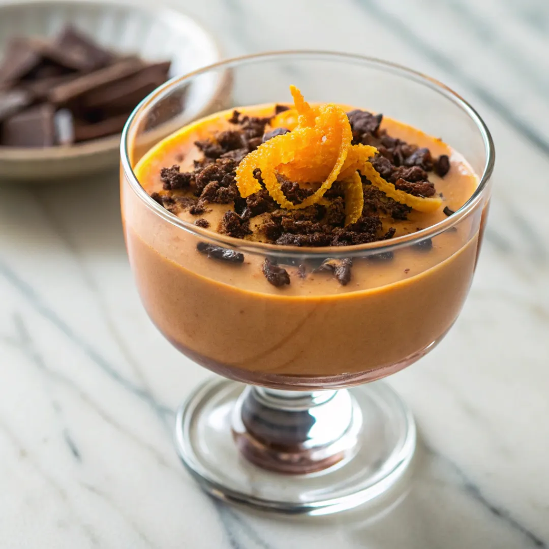 Silky orange chocolate posset served in a glass cup topped with chocolate shavings and orange zest.