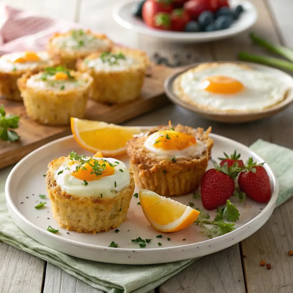 Parmesan hash brown cups served on a plate with eggs and fresh fruit.