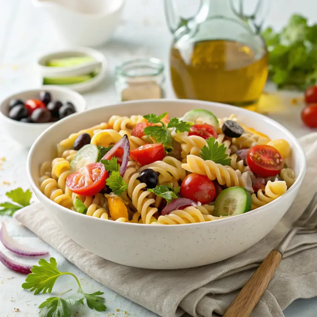 Home 6 Colorful pasta salad with vegetables and herbs in white bowl