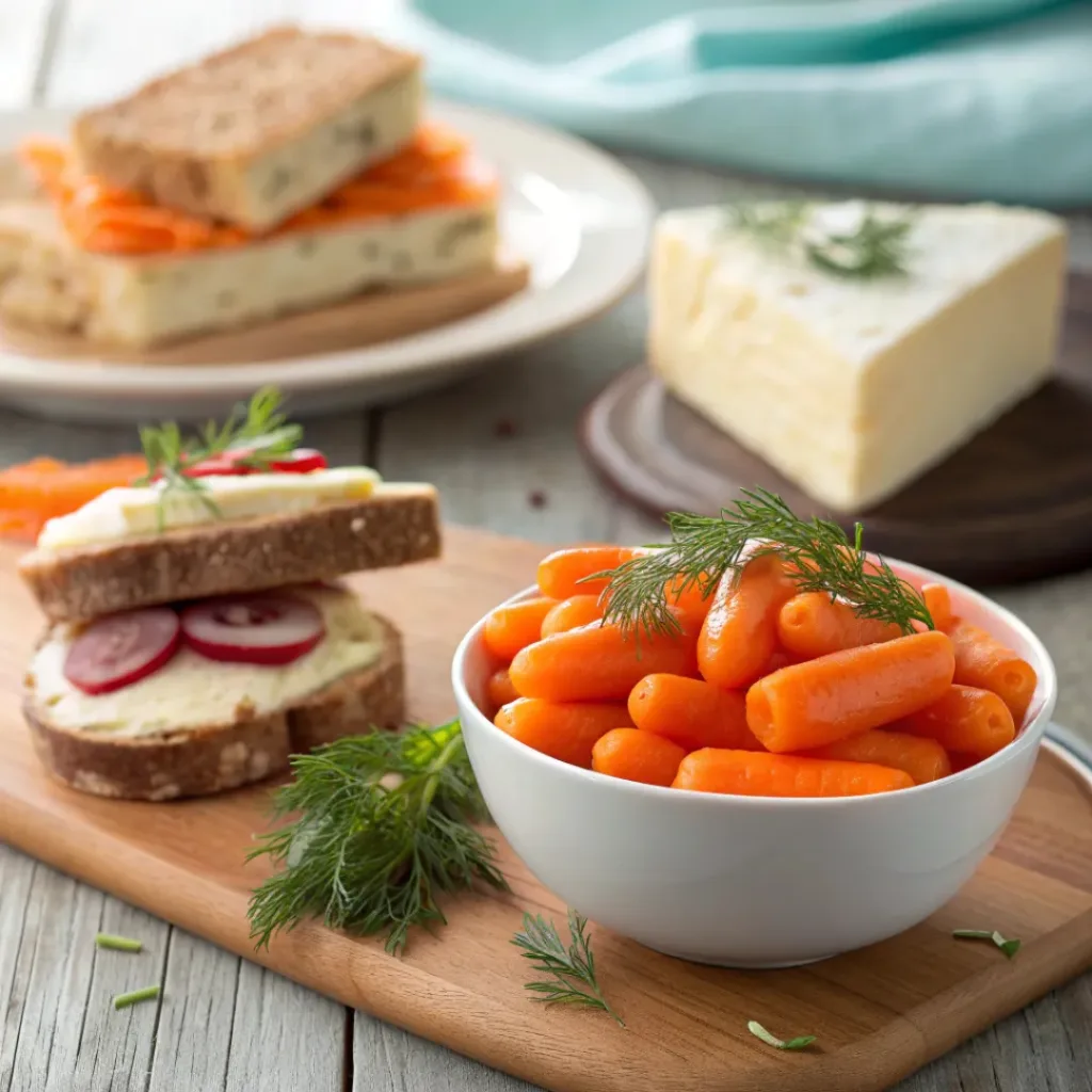 Pickled carrots served in a bowl alongside sandwiches and cheese.