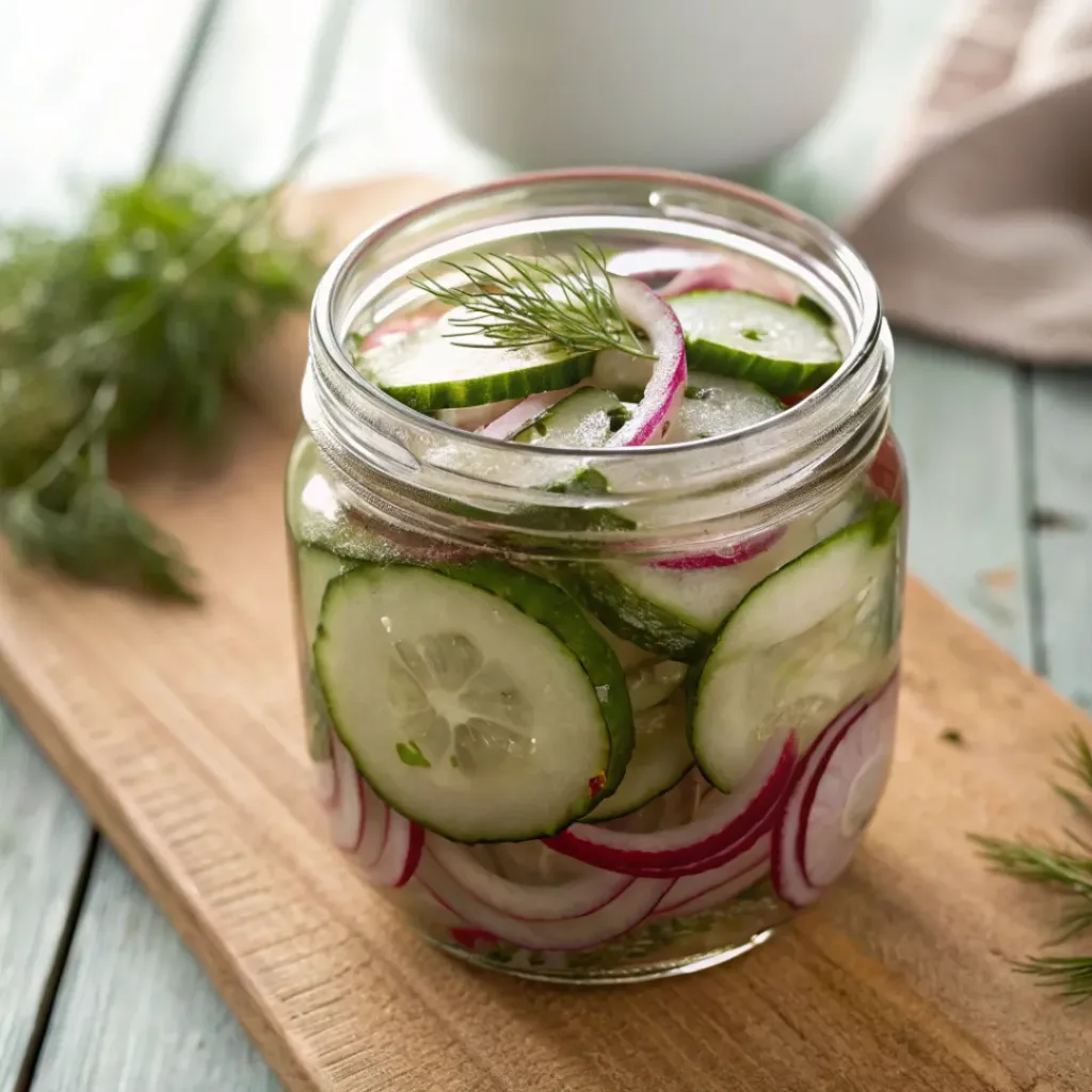 Jar of pickled cucumbers and onions with fresh dill.