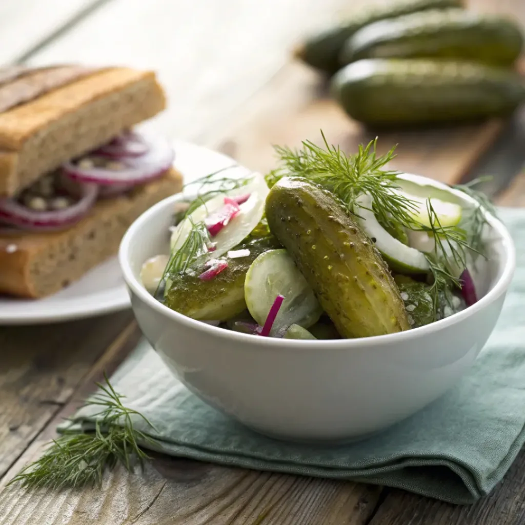 Pickled Cucumbers and Onions – Crisp, Tangy Refrigerator Pickles 8 Pickled cucumbers and onions served in a small bowl with fresh herbs.