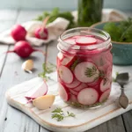 Bright pink pickled radishes in a glass jar with herbs and spices.