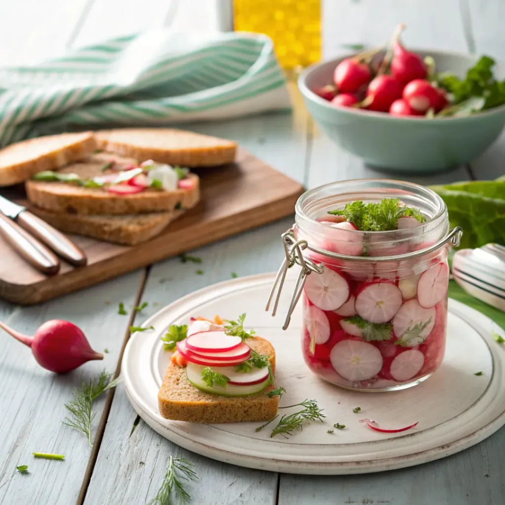 Pickled radishes served in a jar with sandwiches and fresh vegetables.