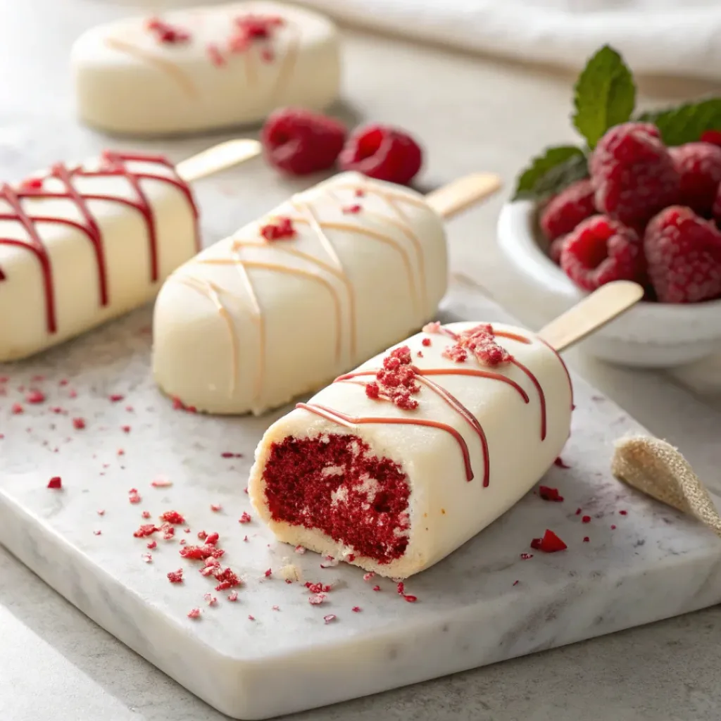 White chocolate red velvet cakesicles with creamy interior and decoration