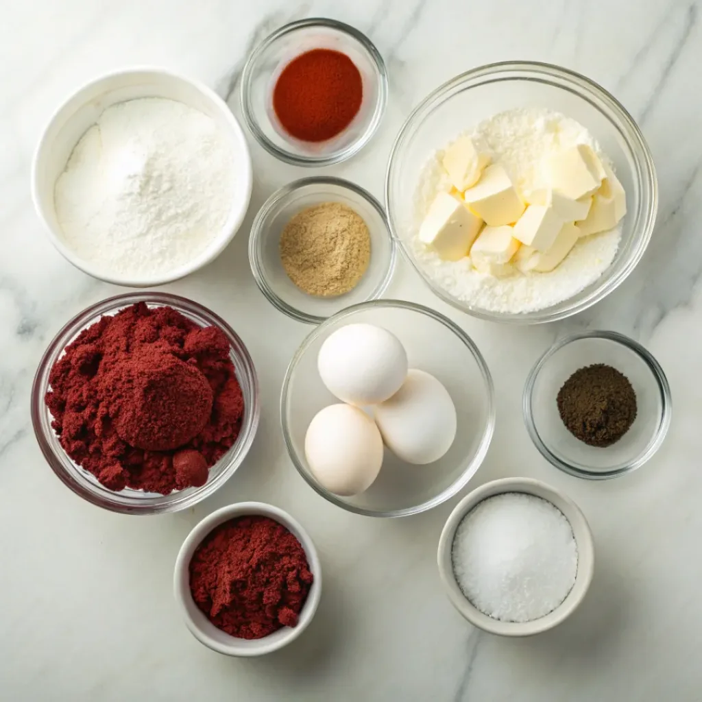Flat lay of red velvet cake ingredients and white chocolate coating