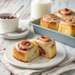 Soft rhubarb cinnamon buns topped with cream cheese glaze on a plate.