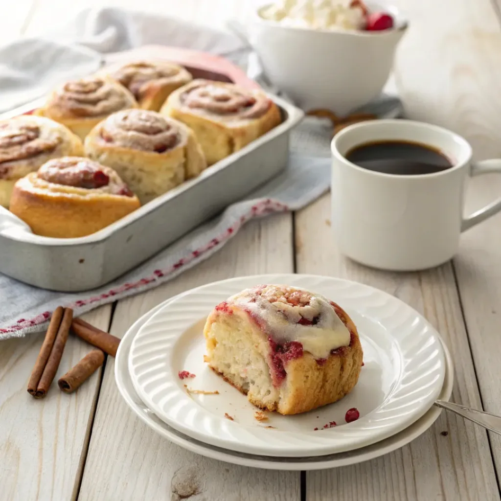 Rhubarb cinnamon buns with glaze served on a plate with a cup of coffee.