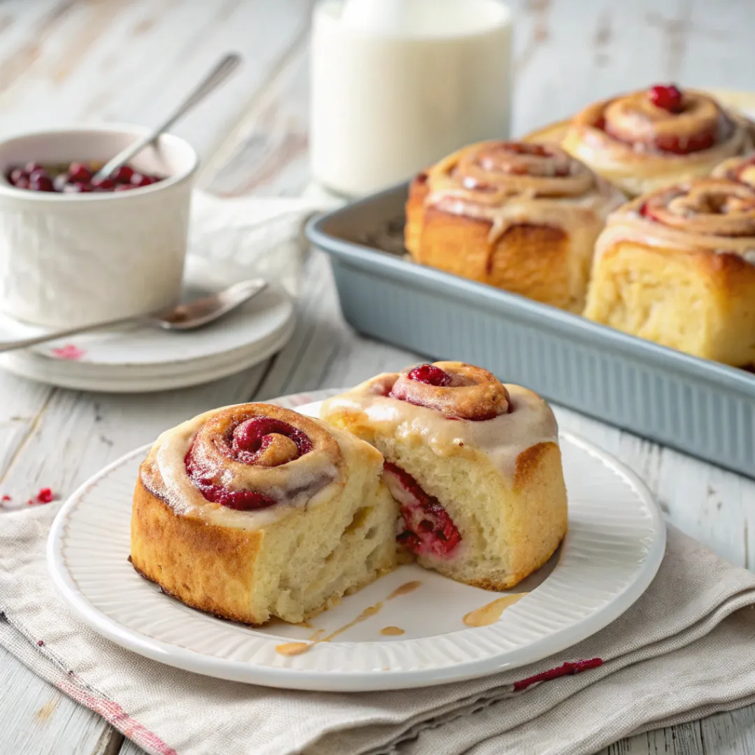 Soft rhubarb cinnamon buns topped with cream cheese glaze on a plate.