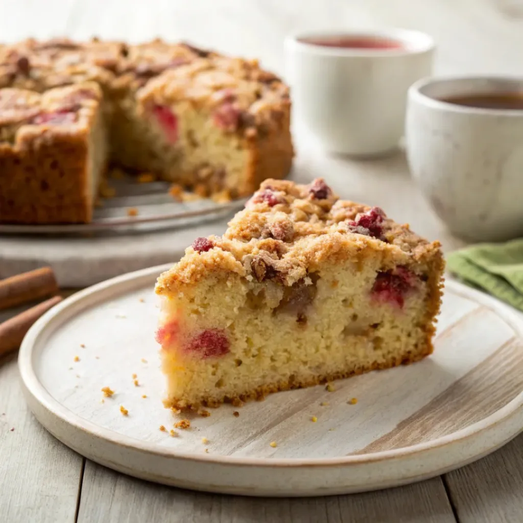 Freshly baked rhubarb coffee cake with crumb topping on a serving plate.