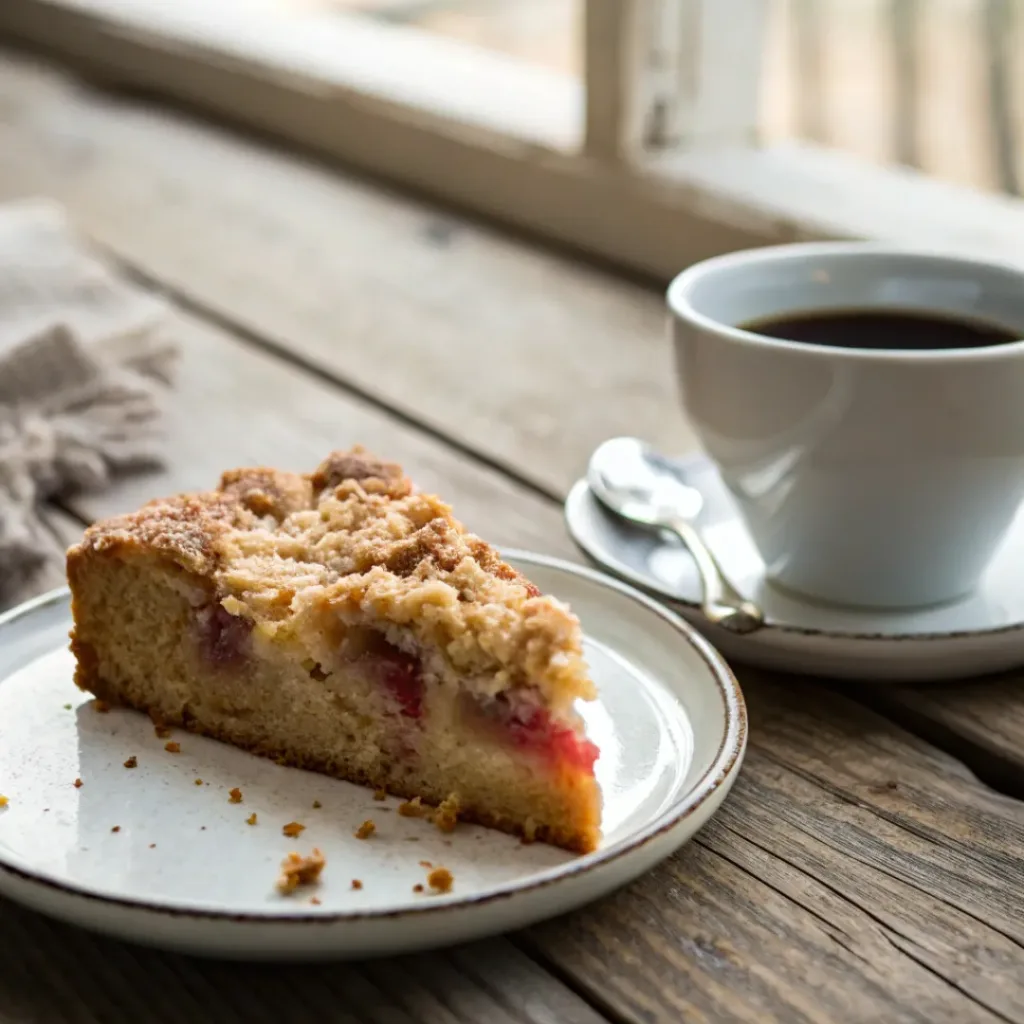 Slice of rhubarb coffee cake on a plate with a cup of coffee.