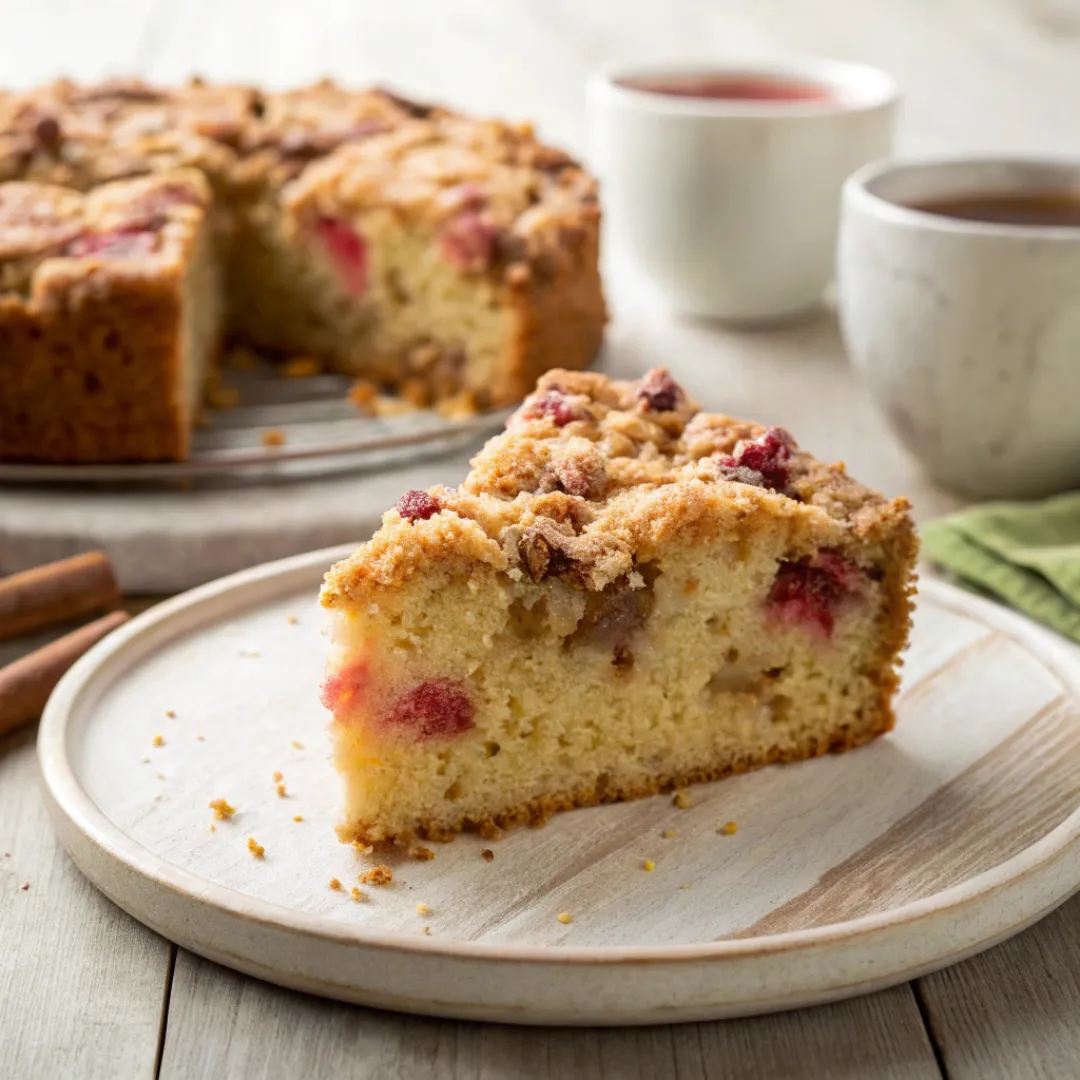 Freshly baked rhubarb coffee cake with crumb topping on a serving plate.