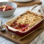 Warm rhubarb crisp with golden crumble topping in a baking dish.