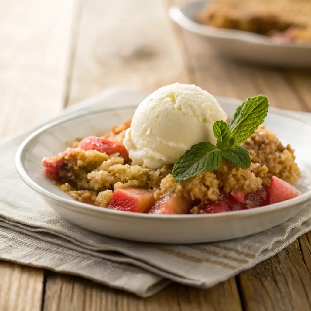 Warm rhubarb crisp served in a bowl with a scoop of vanilla ice cream.