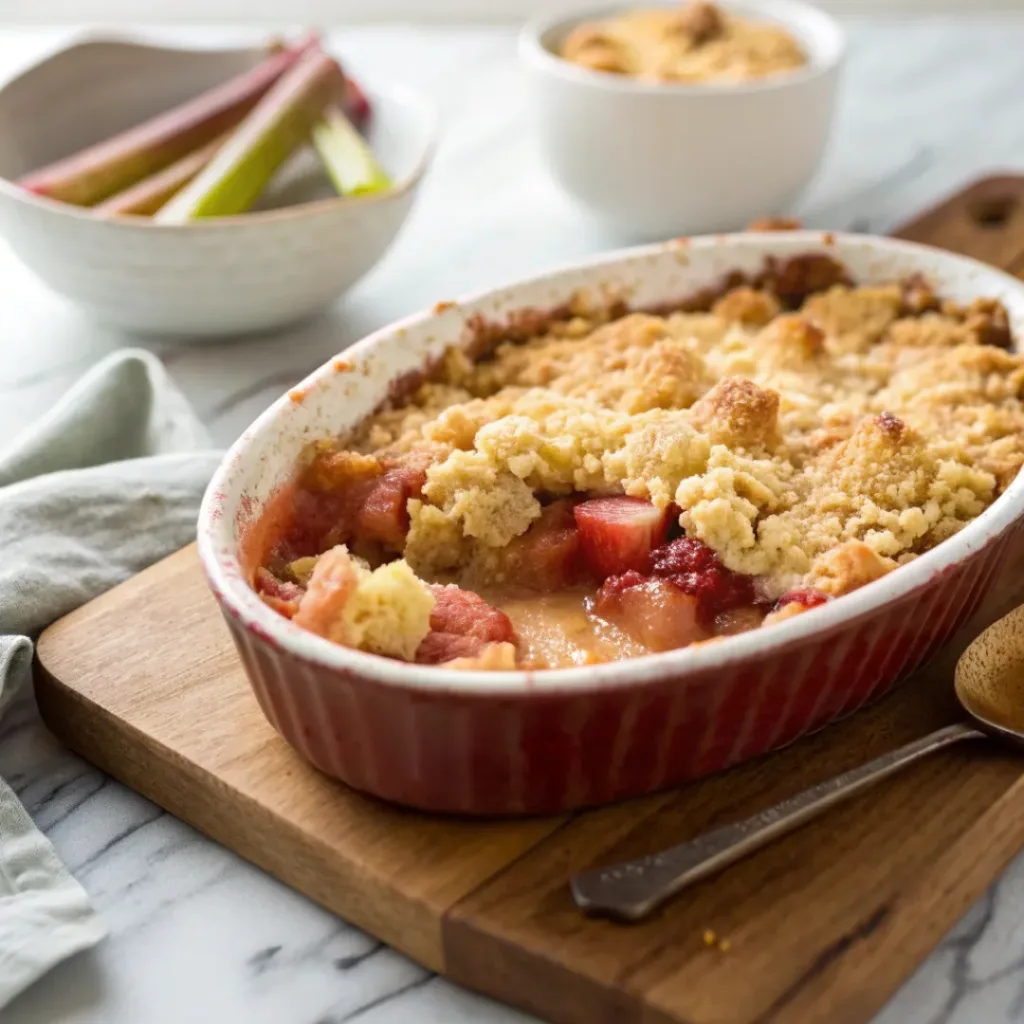 Freshly baked rhubarb crumble with golden crunchy topping in a baking dish.
