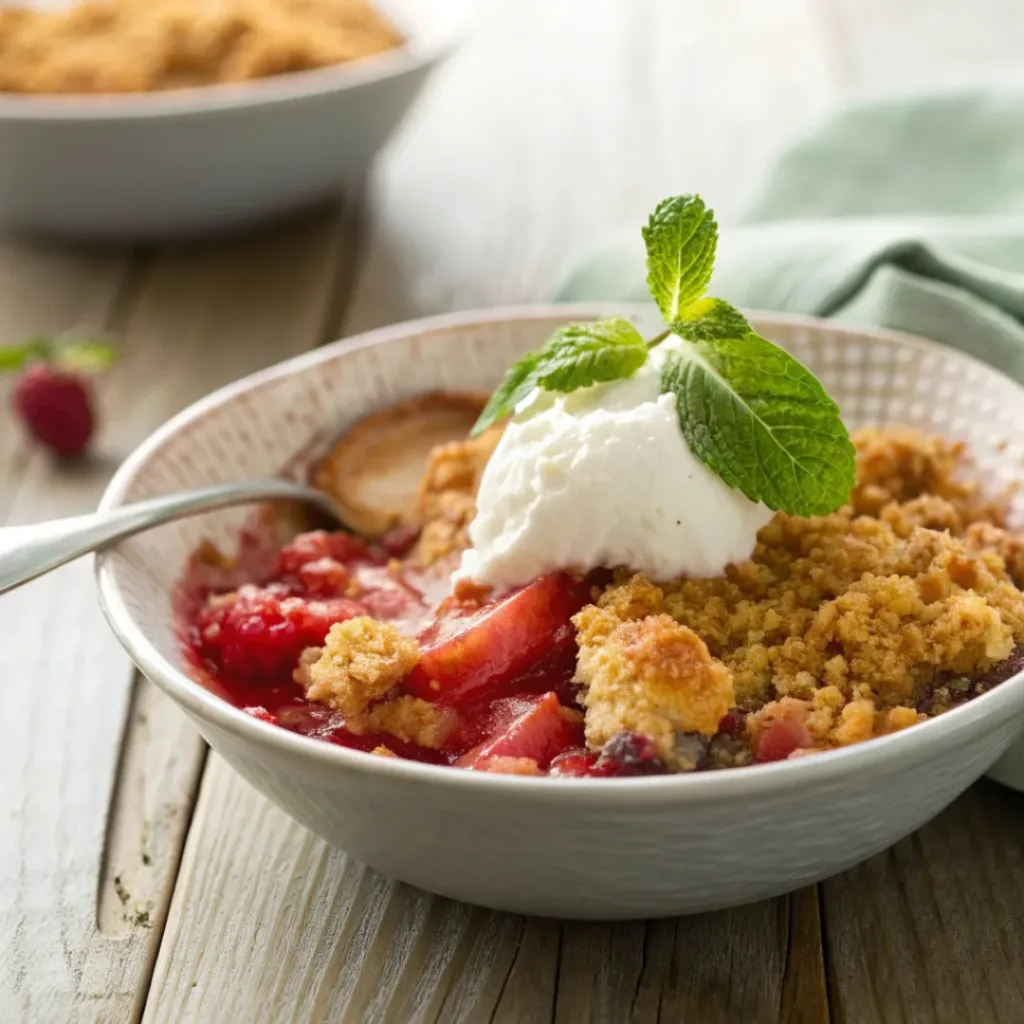 Warm rhubarb crumble served in a bowl with a drizzle of cream.