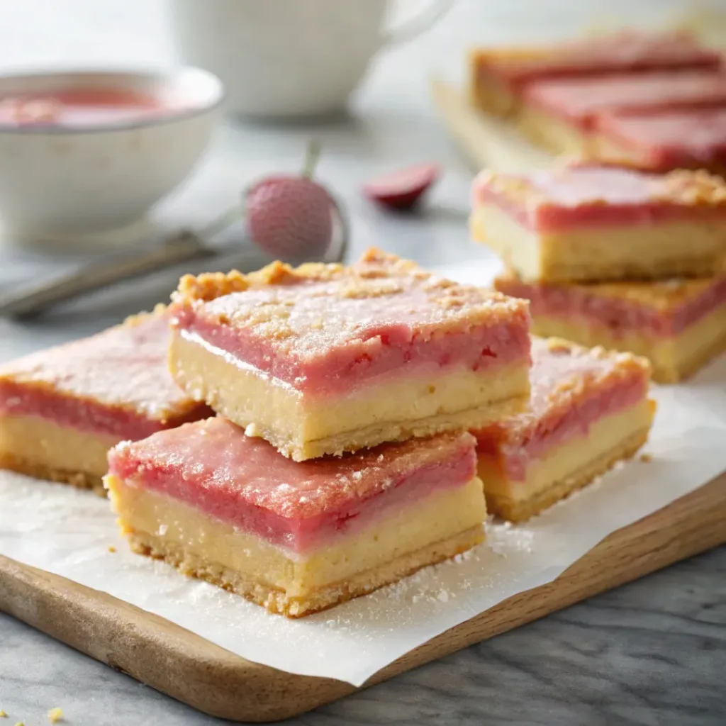 Freshly baked rhubarb custard bars with a golden crust and pink filling.