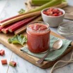 Bright red rhubarb jam in a glass jar with fresh rhubarb stalks.