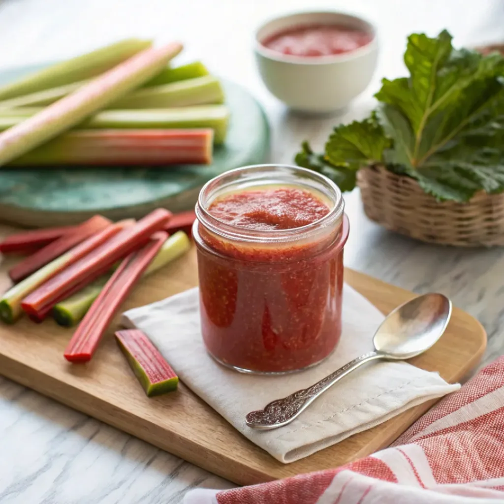 Rhubarb jam spread on a slice of bread with fresh berries on the side.