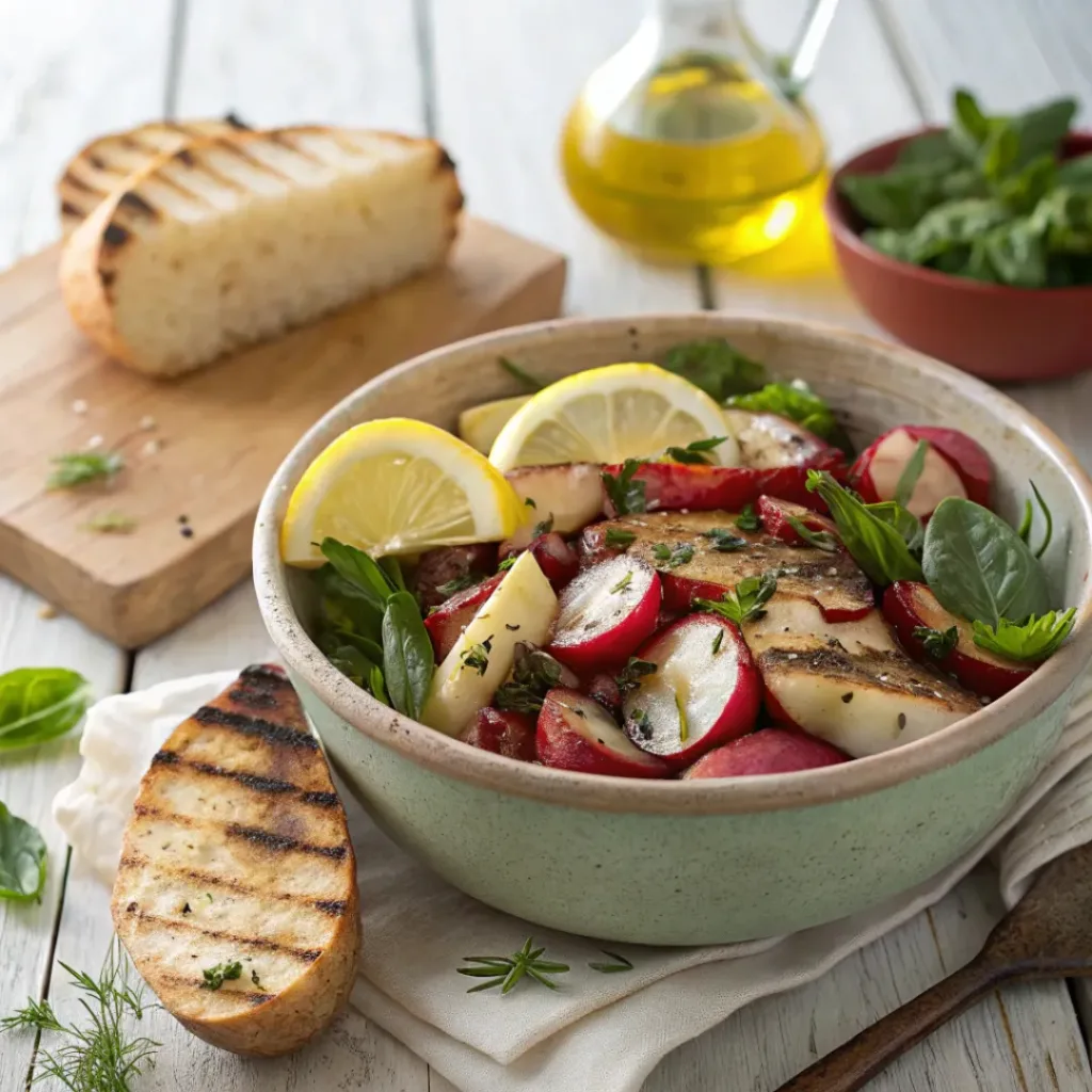 Roasted radish salad served with grilled vegetables and bread.