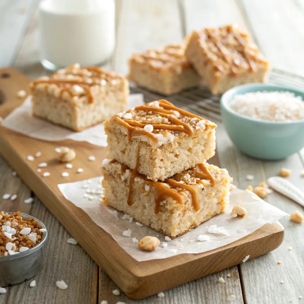 Gooey salted caramel Rice Krispie treats stacked with caramel drizzle and sea salt.