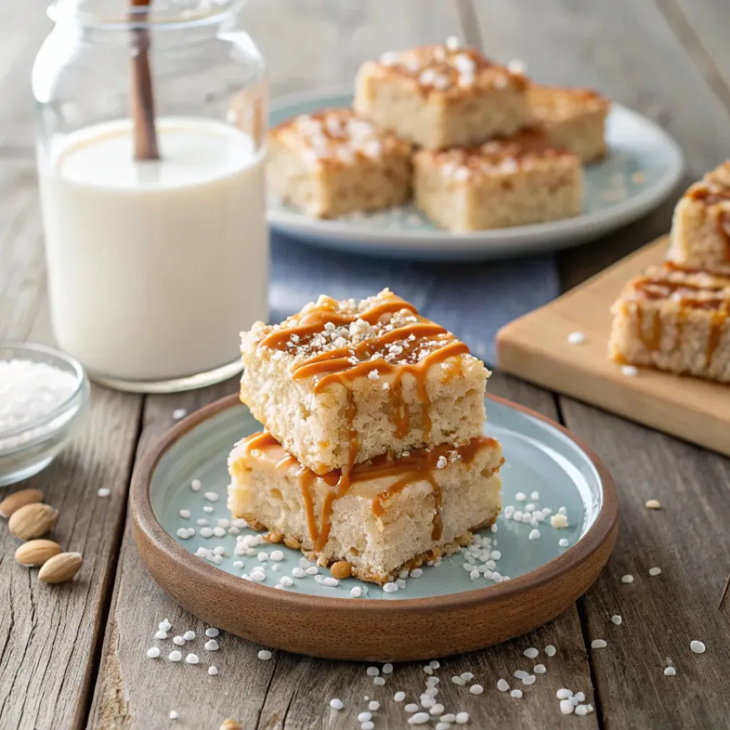 Salted Caramel Rice Krispie Treats – Gooey, Sweet & Irresistible 8 Salted caramel Rice Krispie treats served with a glass of milk.