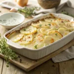 Creamy scalloped potatoes baked with tender leeks in casserole dish