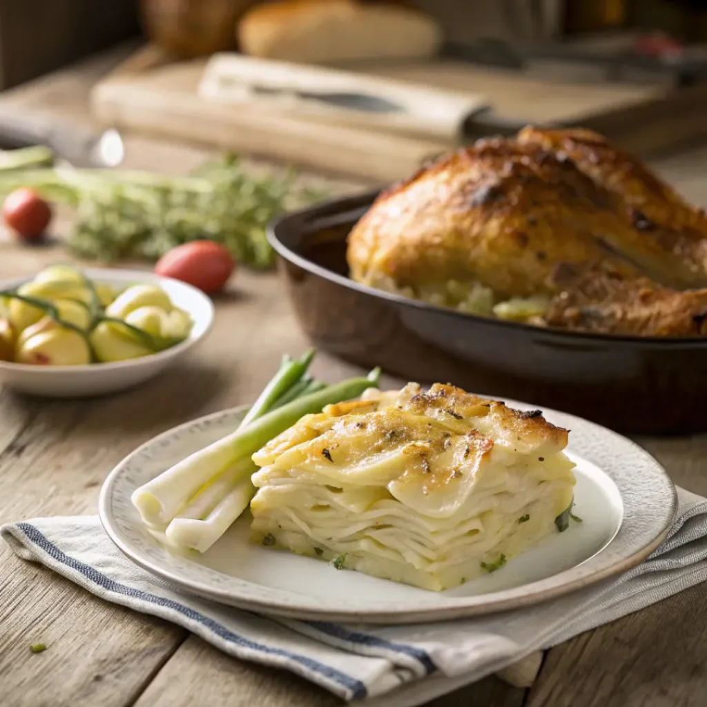 Creamy layered potatoes with leeks served as side dish