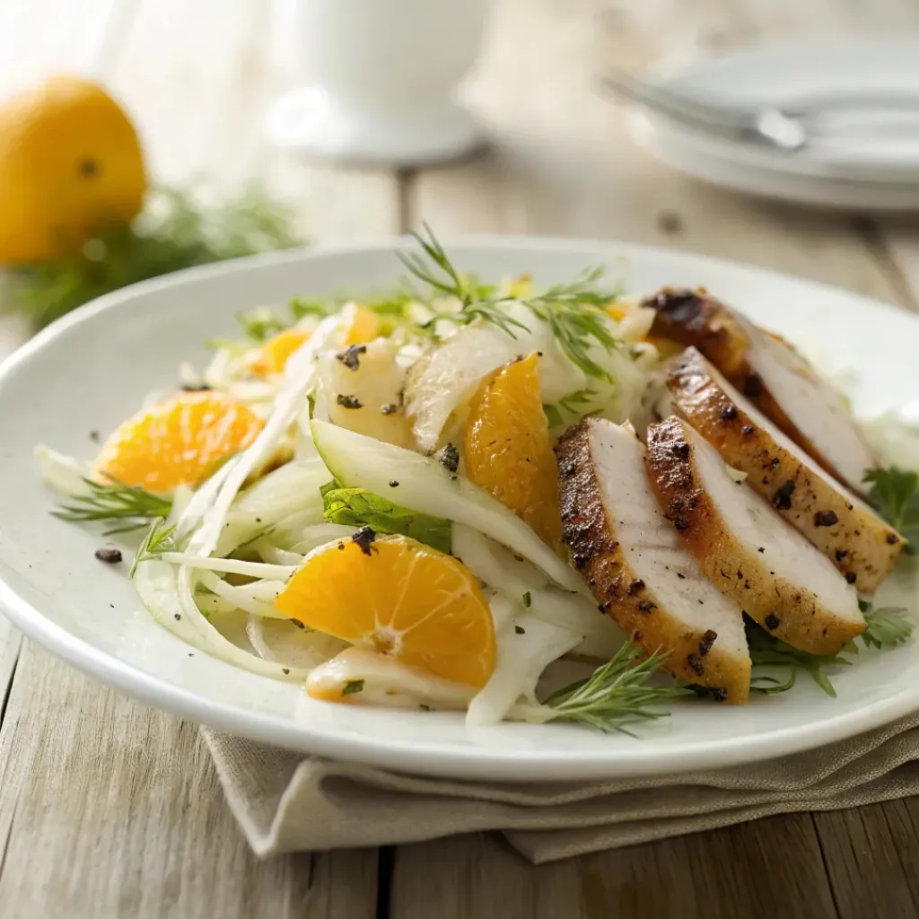 Shaved fennel and citrus salad on a plate paired with grilled chicken.