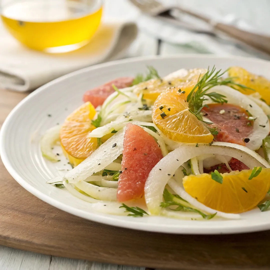 Fresh shaved fennel salad with orange and grapefruit slices on a plate.