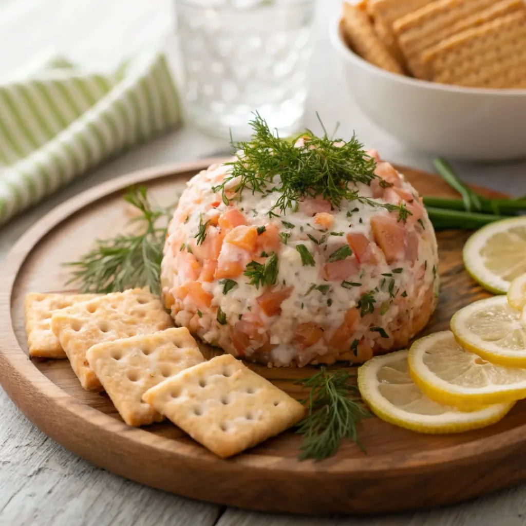 Smoked Salmon Cheeseball – Creamy & Elegant Appetizer 8 smoked salmon cheeseball on platter with assorted crackers, lemon wedges, and fresh herbs.